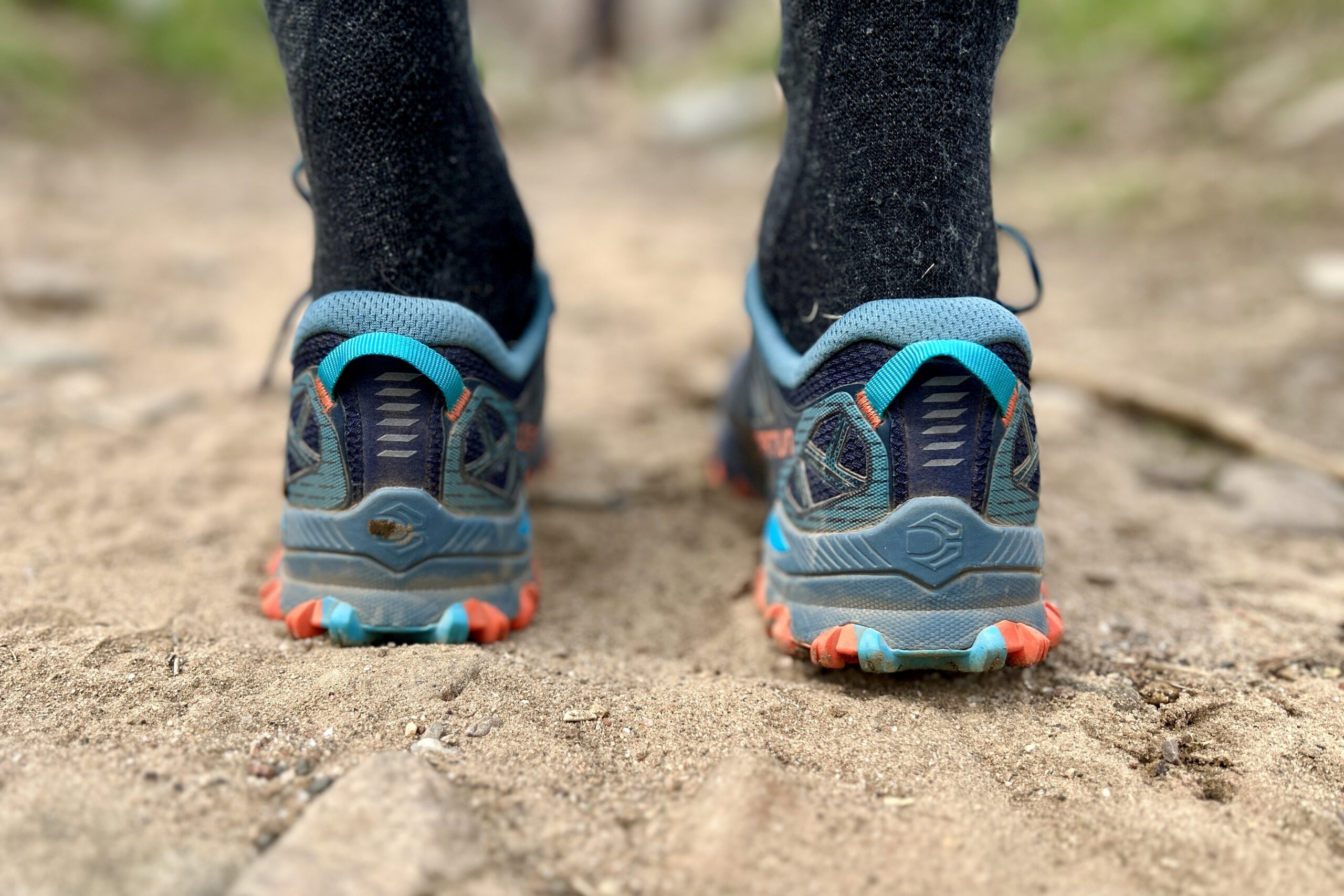 Rear-view of a pair of trail runners, showing the thick heel and low heel cuff.