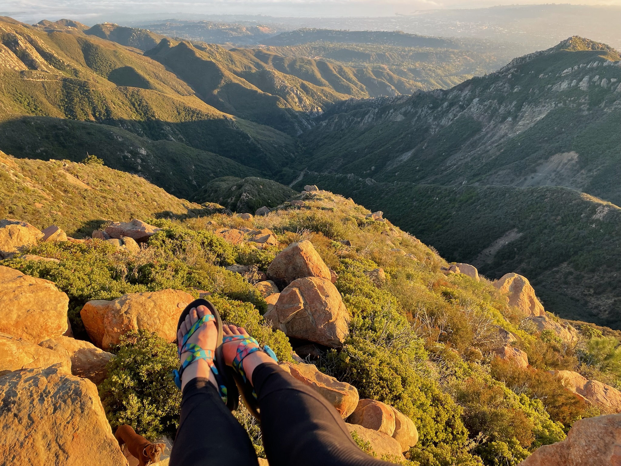A woman's feet in Chaco Z/1 Classic hiking sandals in a rocky, mountainous environment.