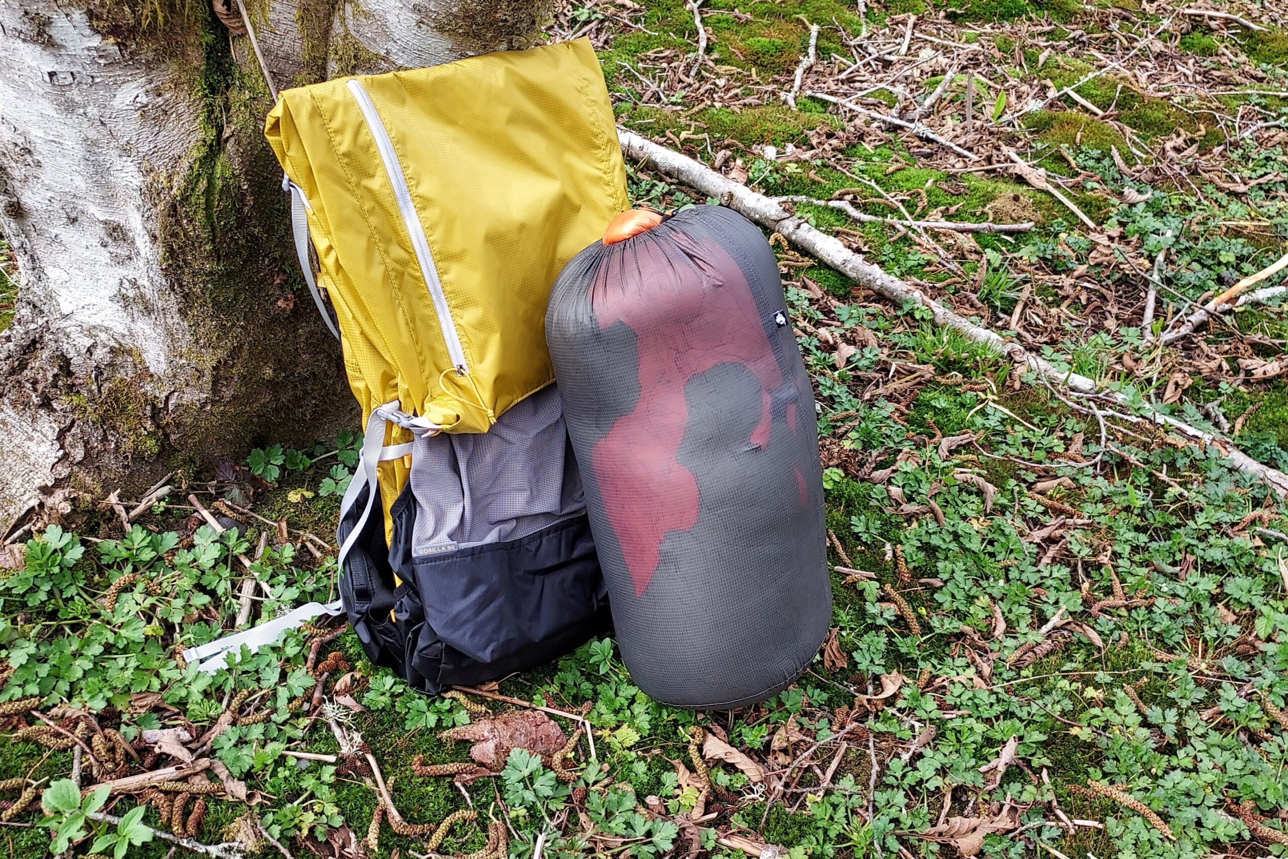 Enlightened Equipment Accomplice Quilt packed alongside a standard ultralight 50 L backpack