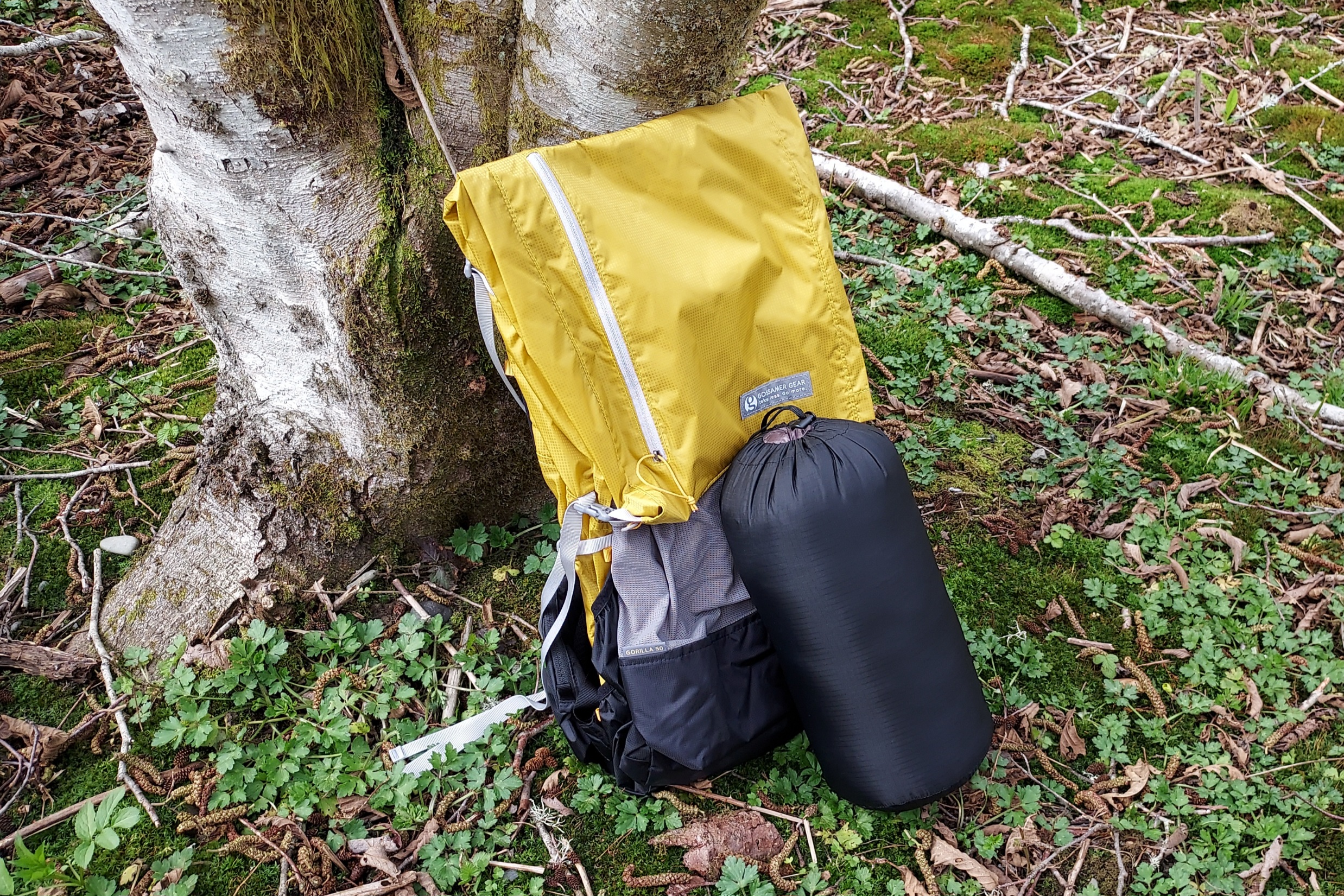 The Western Mountaineering AstraLite Quilt packed with a standard ultralight 50L backpack for scale.