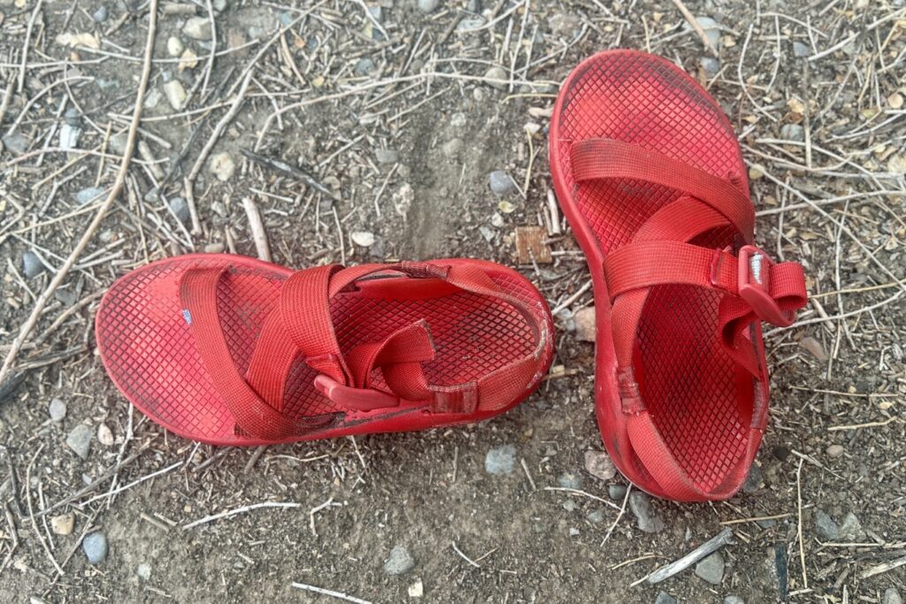 Close-up of a red pair of Chaco Z/1 hiking sandals.