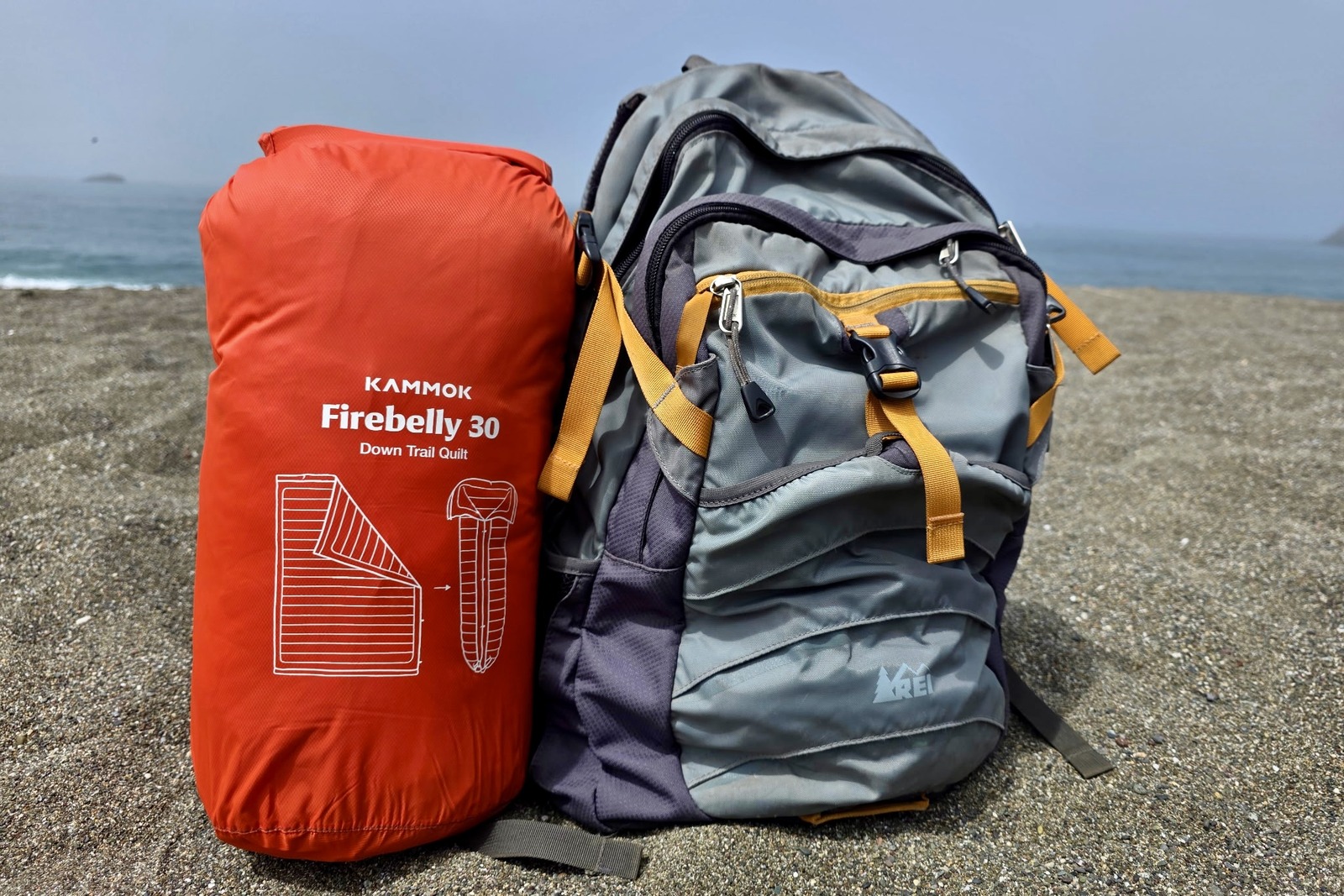 The blanket in its stuff sack leans against a backpack to compare size.