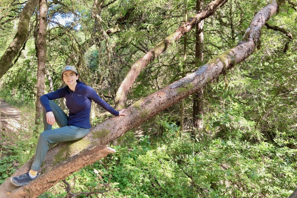 A woman sits on a tree on the edge of a trail.