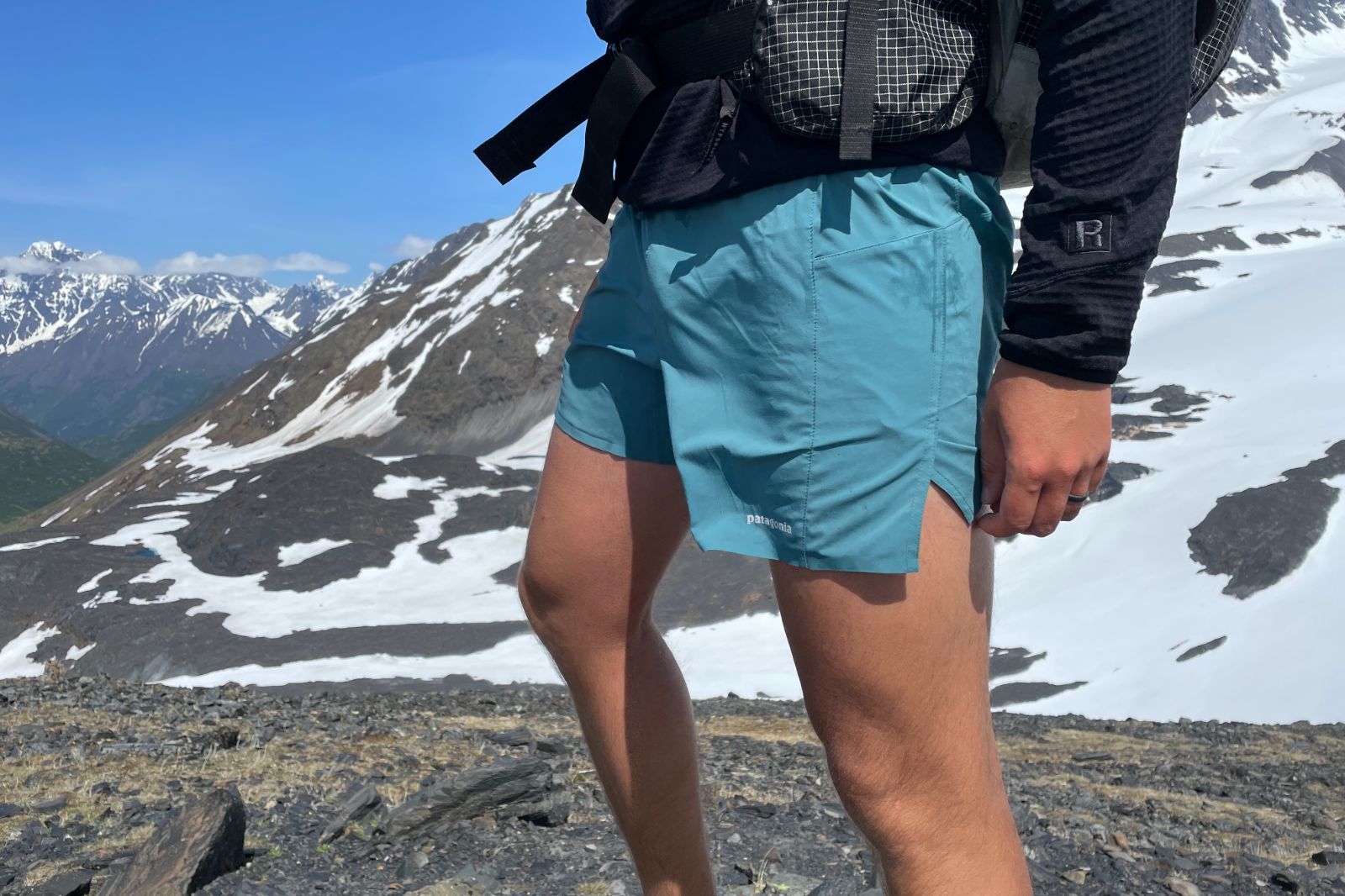 A closeup of the side of hiking shorts.