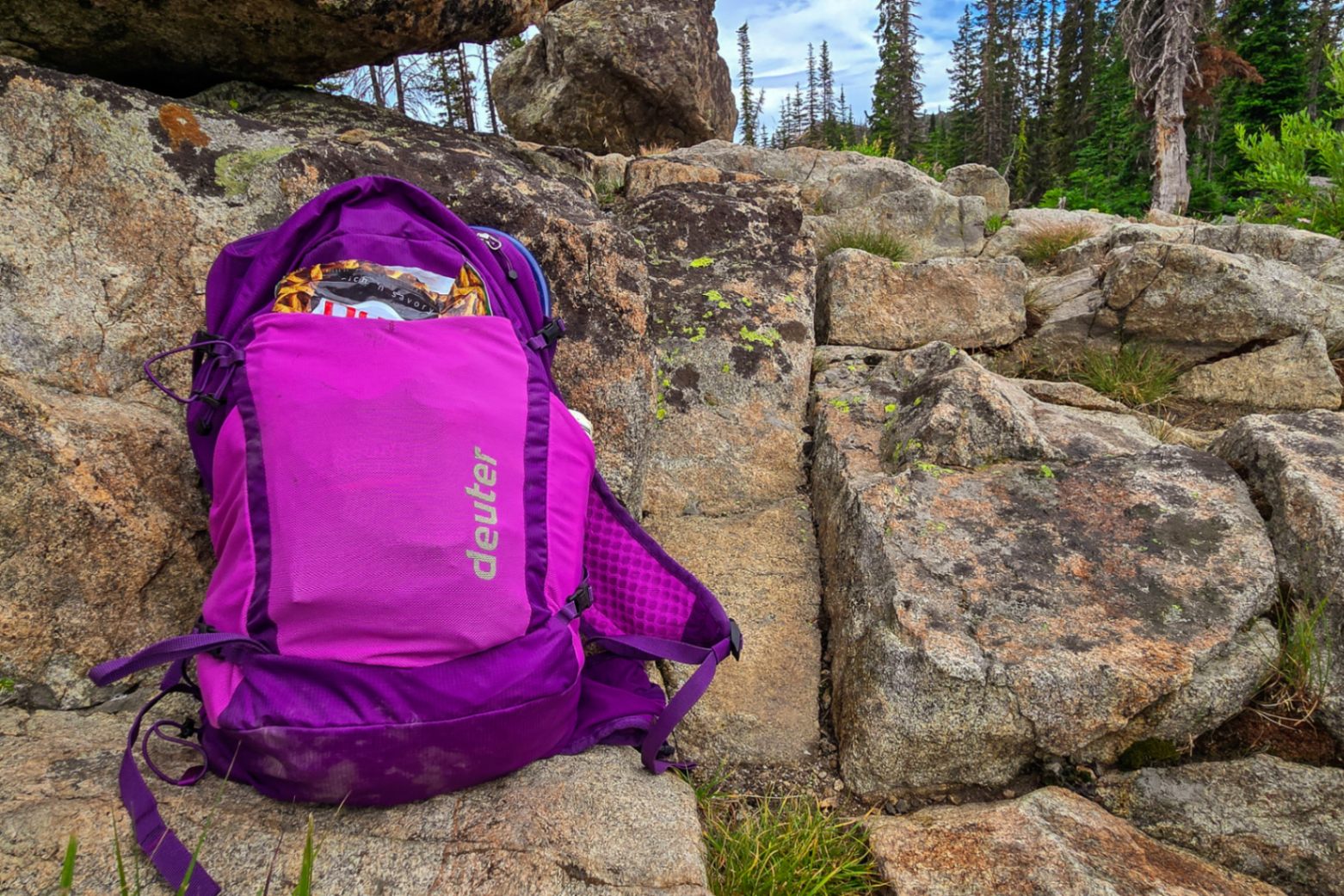 A purple Deuter Speedlite Pro day hiking pack lies on some rocks.