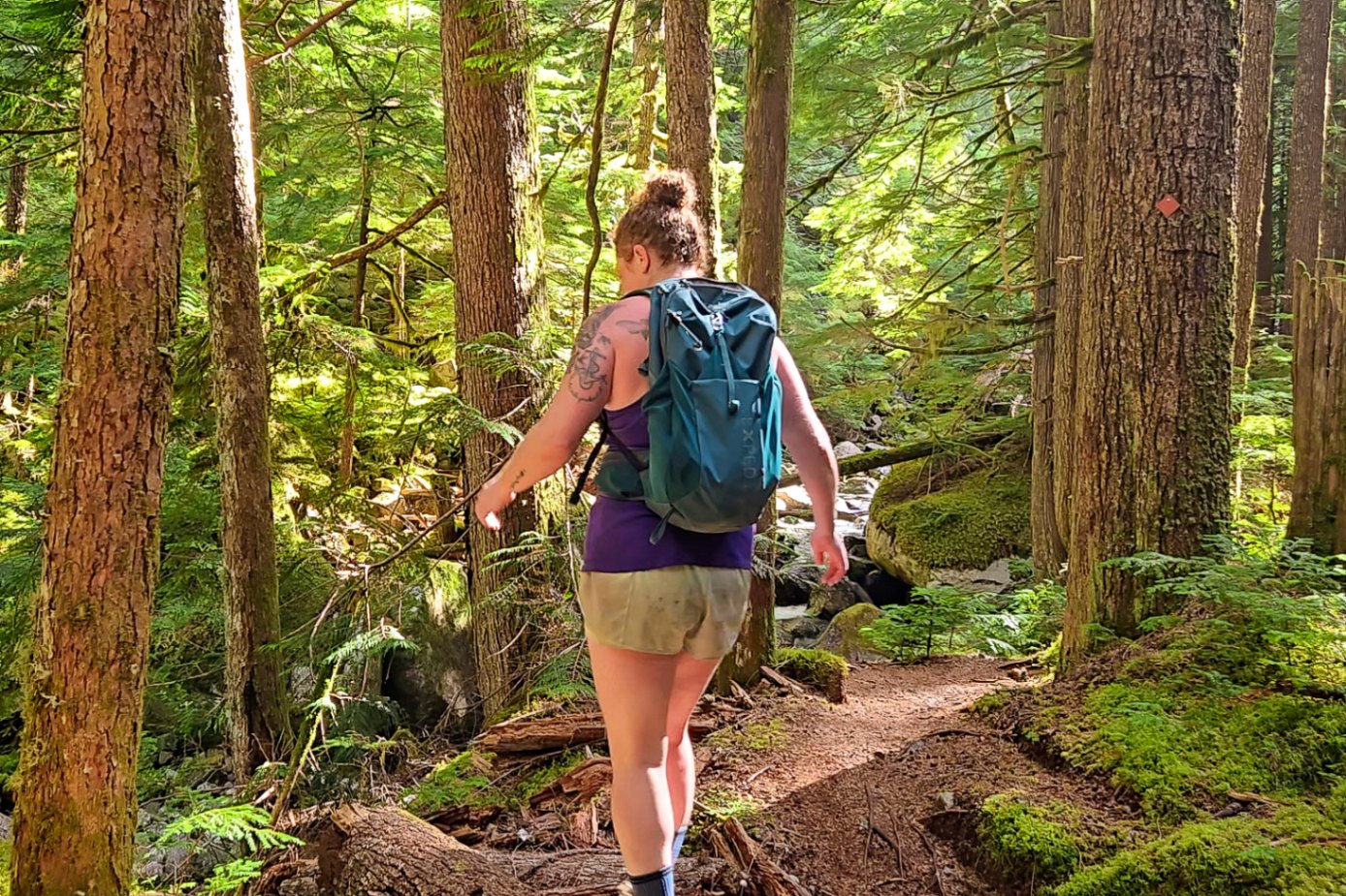 Person wearing a green EXPED daypack walks through a mossy forest.