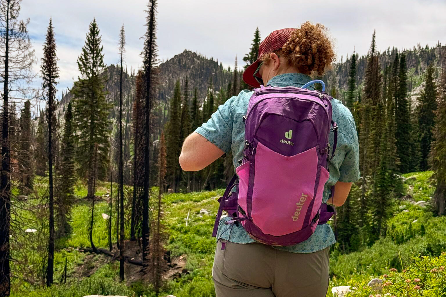 Person wearing purple Deuter Speedlite Pro 25 pack adjusts something as they face a mountainous, treed landscape.