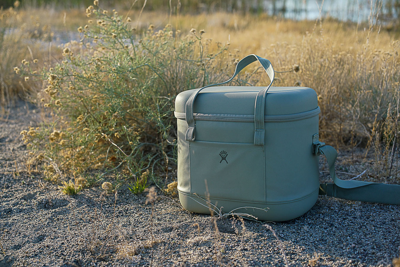 The Hydro Flask Carry Out 20L sits on sandy ground with grasses in the background.