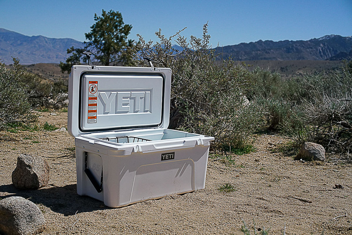 The YETI Tundra 65 sits on the ground with its lid open. There are bushes and mountains in the background.