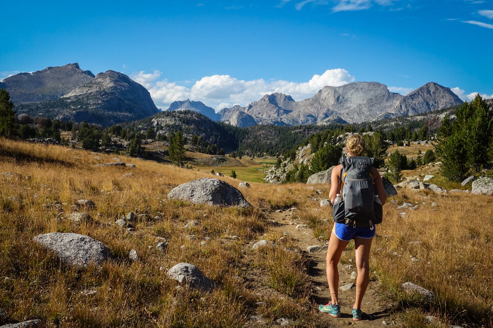 a backpacker looking out at a large grassy alpine meadow on the cirque of the towers backpacking loop