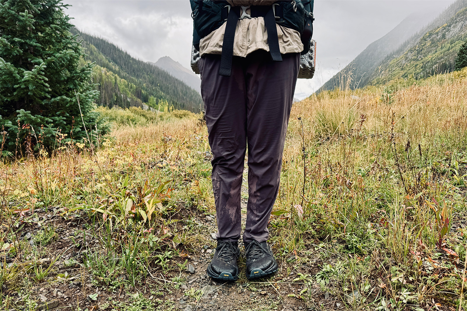 A person is standing in a mountain meadow on a rainy day wearing a soaked pair of the Dynama pants.