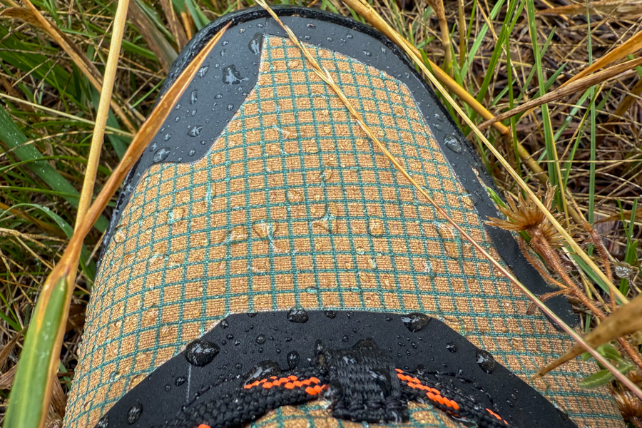 Water droplets beading off the gridded mesh upper of the Adidas Terrex Skychaser AX5 Mid GORE-TEX Climawarm+shoe in tall grass.