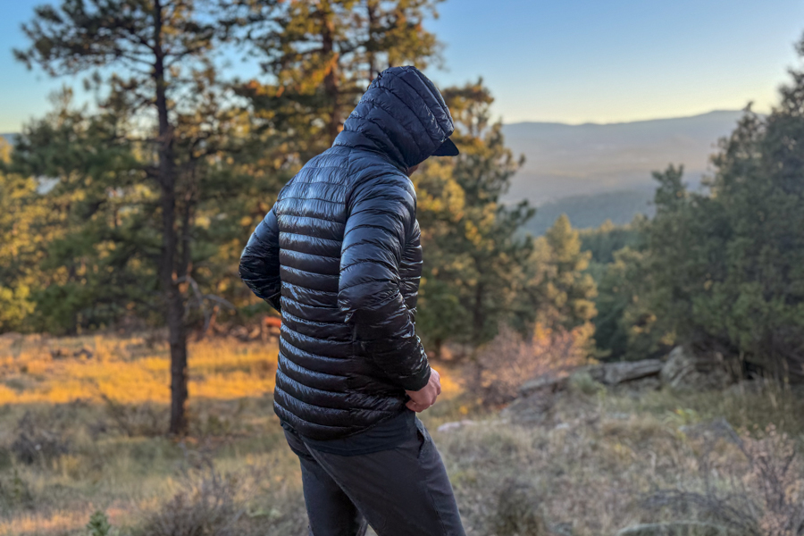 Rear view of the hiker with the hood up, walking through a pine forest at dusk, showcasing the streamlined silhouette and reflective fabric.