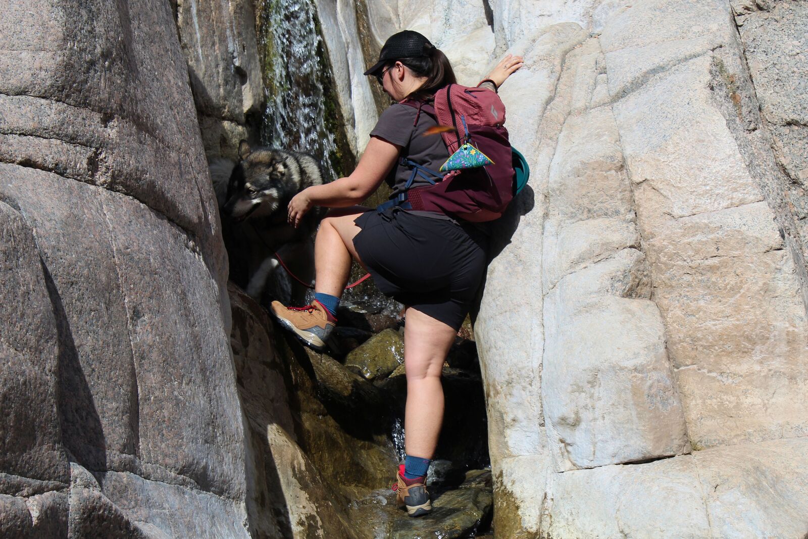 Hiker scrambling up rocks wearing the Columbia Newton Ridge Plus Waterproof Amped