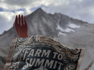 the fork end of a plastic spork sticks out of the top of a backpacking meal with a mountain in the background.