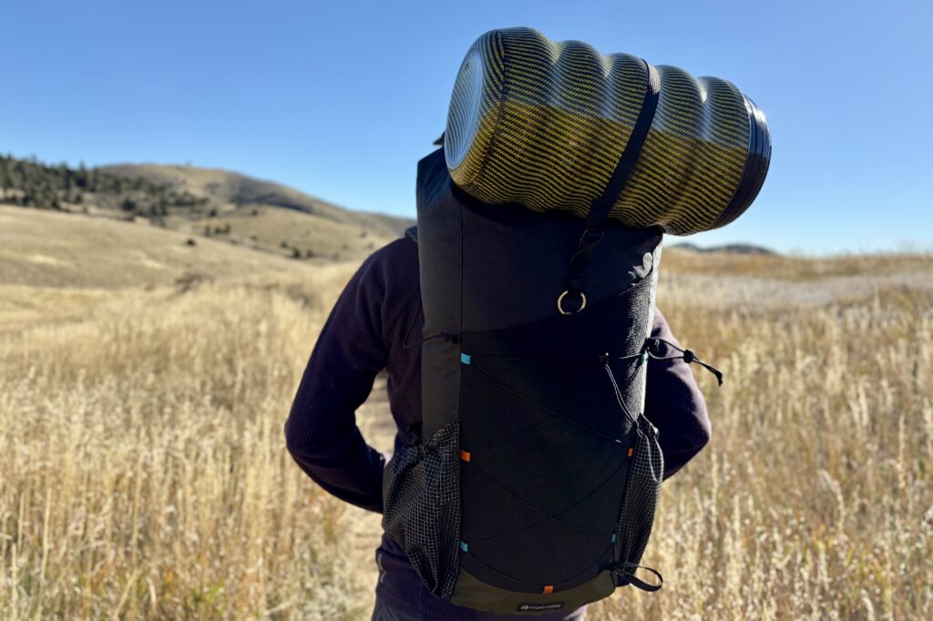 a back view of a hiker standing with a backpack and a yellow bear canister strapped on top