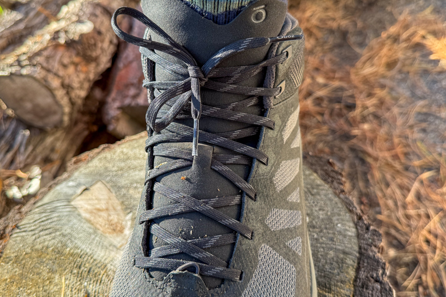 Top-down view of the Oboz Katabatic LT Mid boot’s lacing system, highlighting the secure fit and gusseted tongue design.