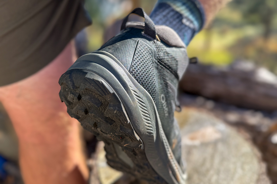 Detail of the heel and rear tread of the Oboz Katabatic LT Mid boot, highlighting the angled heel brake and durable outsole.