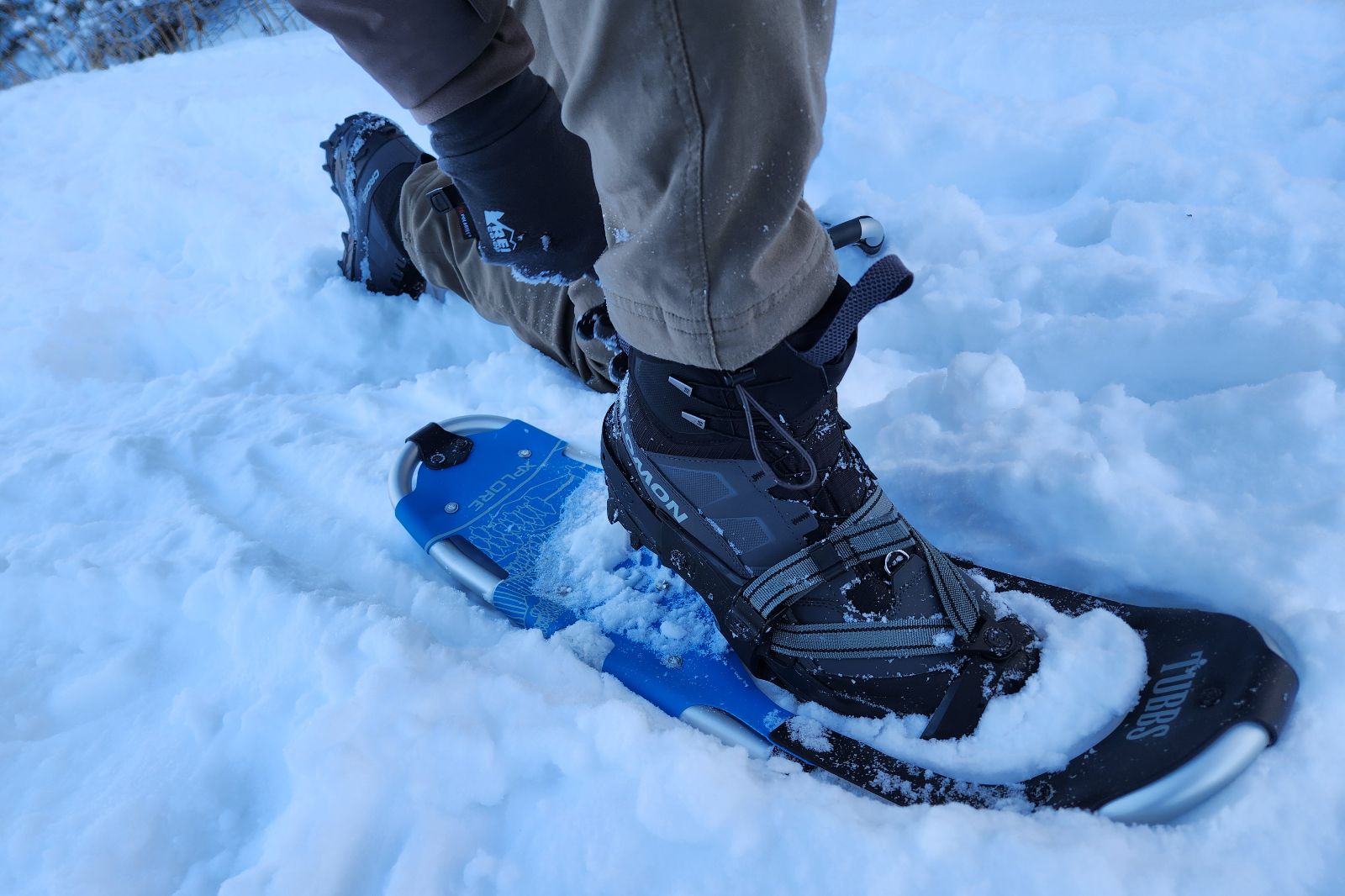 A closeup of snowshoe bindings.