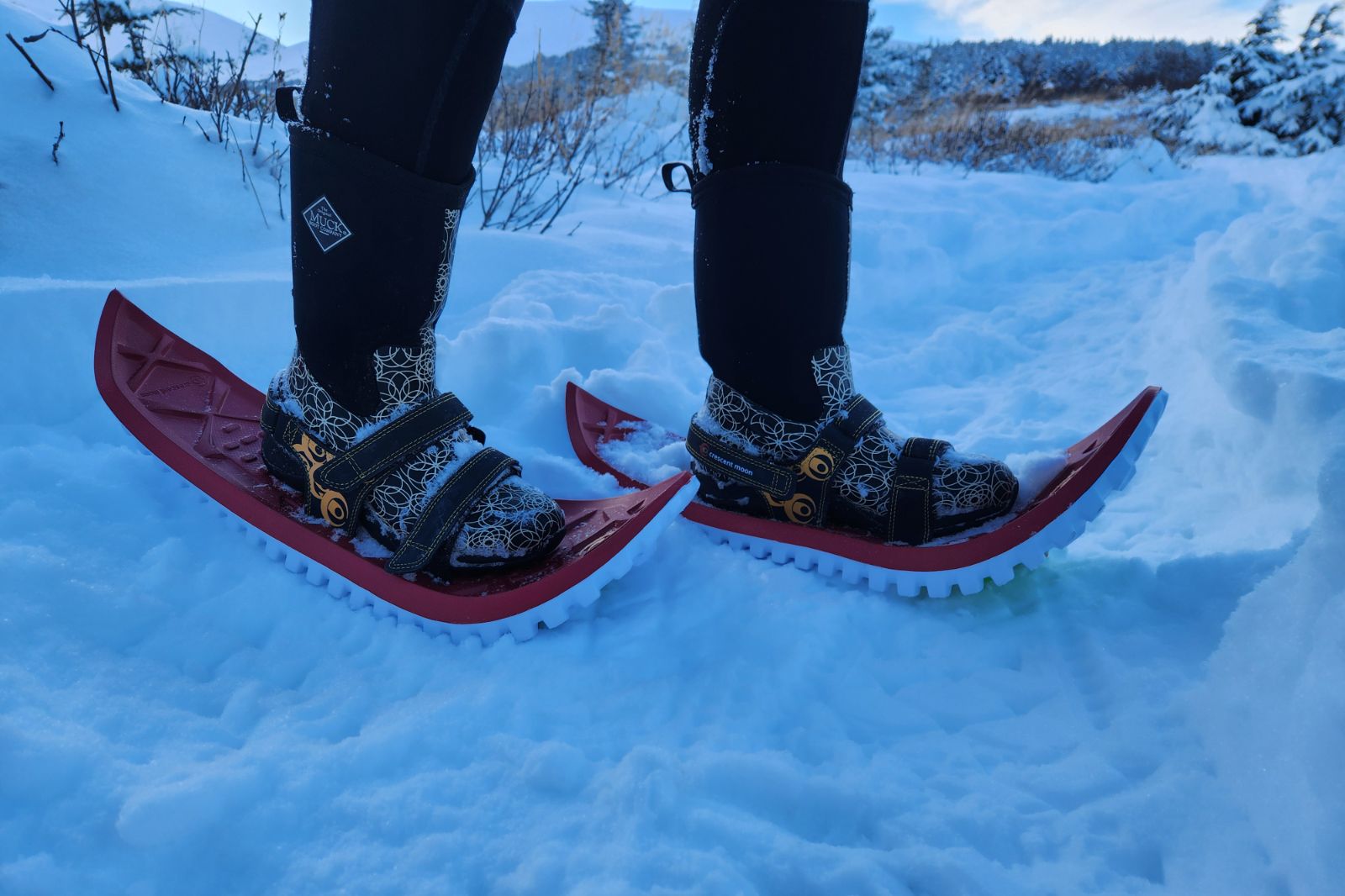 A closeup of red snowshoes on a snowy trail.