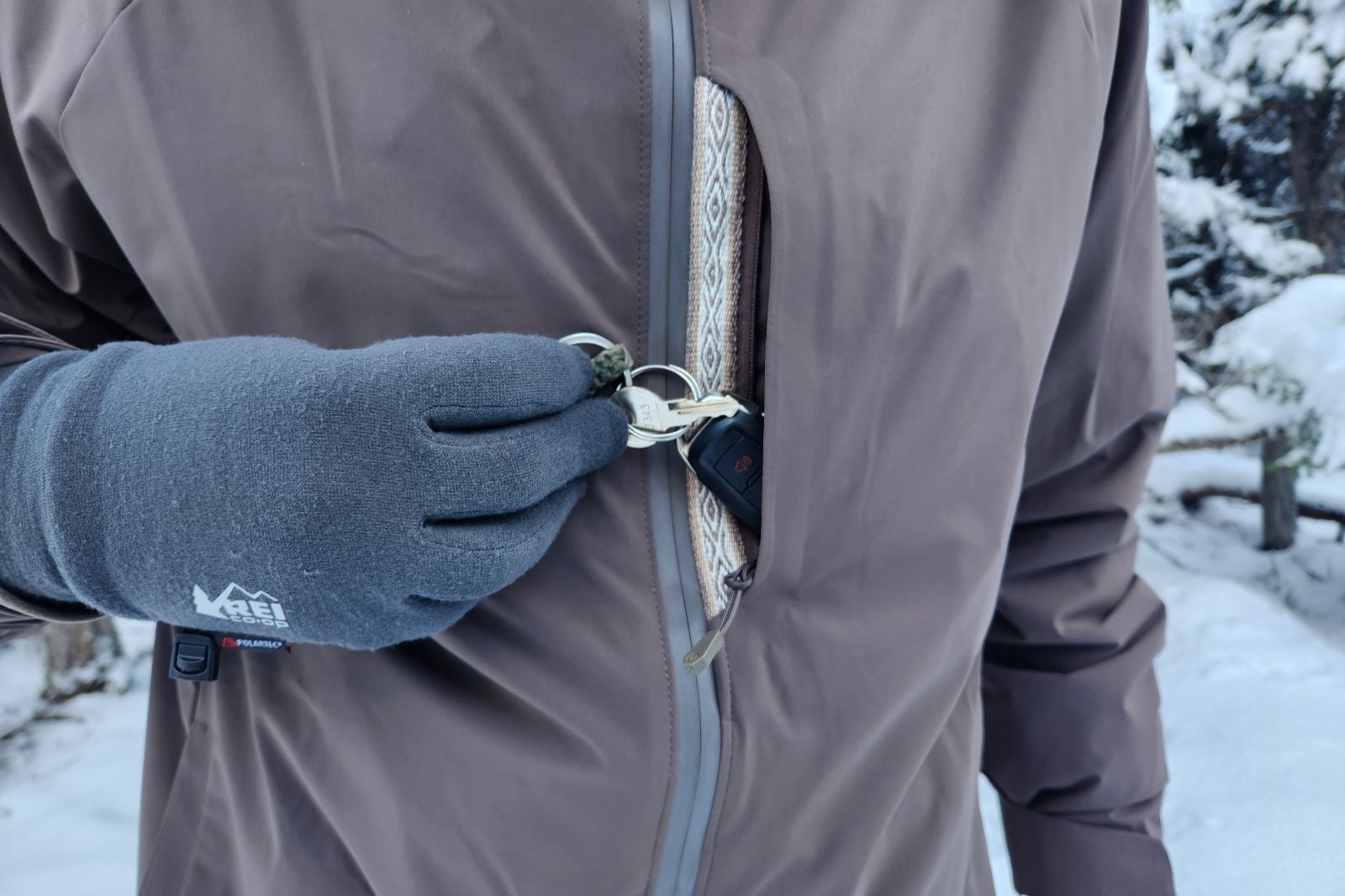 A close-up of the chest pocket of a winter jacket.