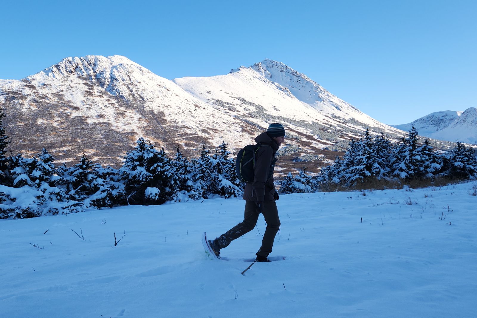 A man snowshoes in a meadow in front of a mountain view.