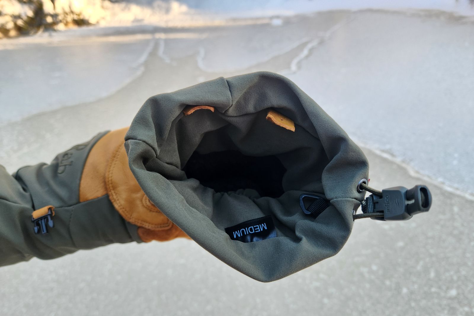 A close-up of the interior of winter gloves.