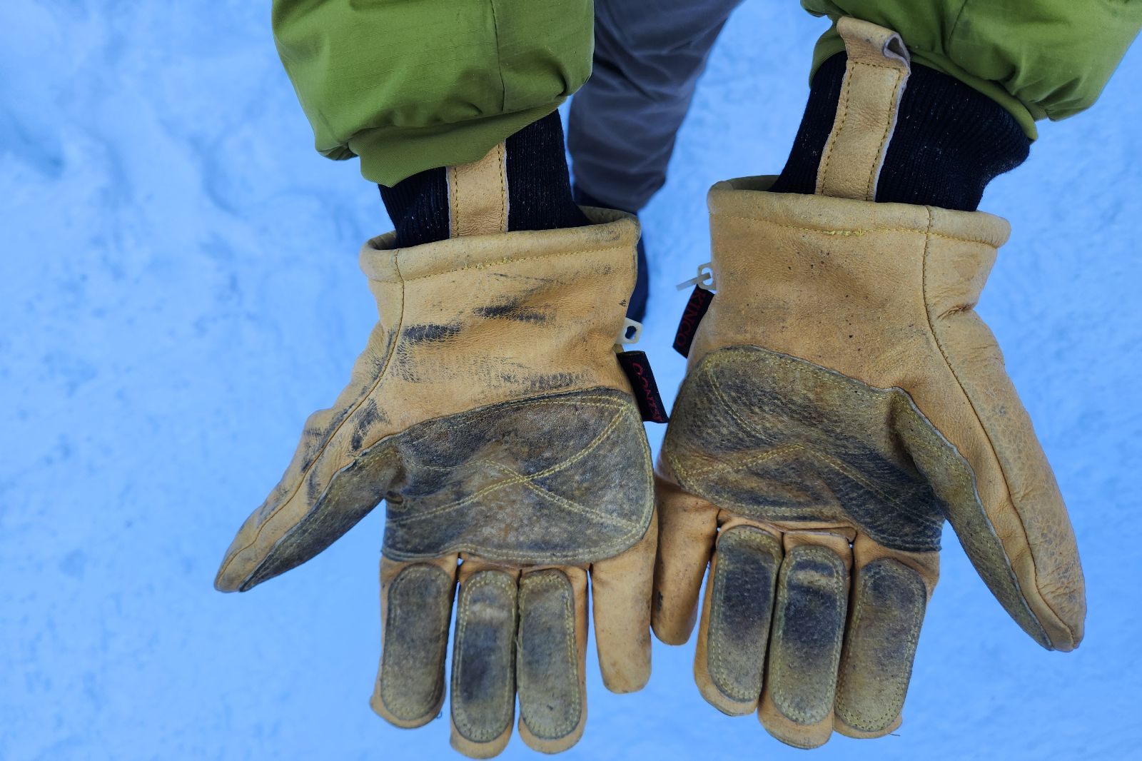 A closeup of the palms of leather gloves.