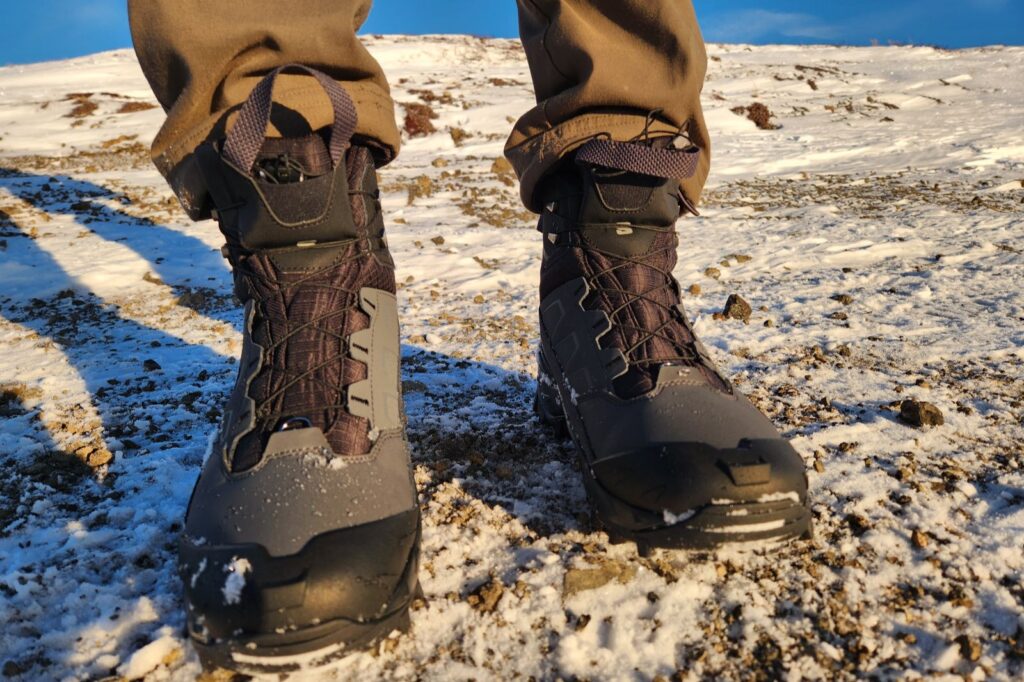 A closeup of the front of winter hiking boots.