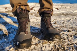A closeup of the front of winter hiking boots.
