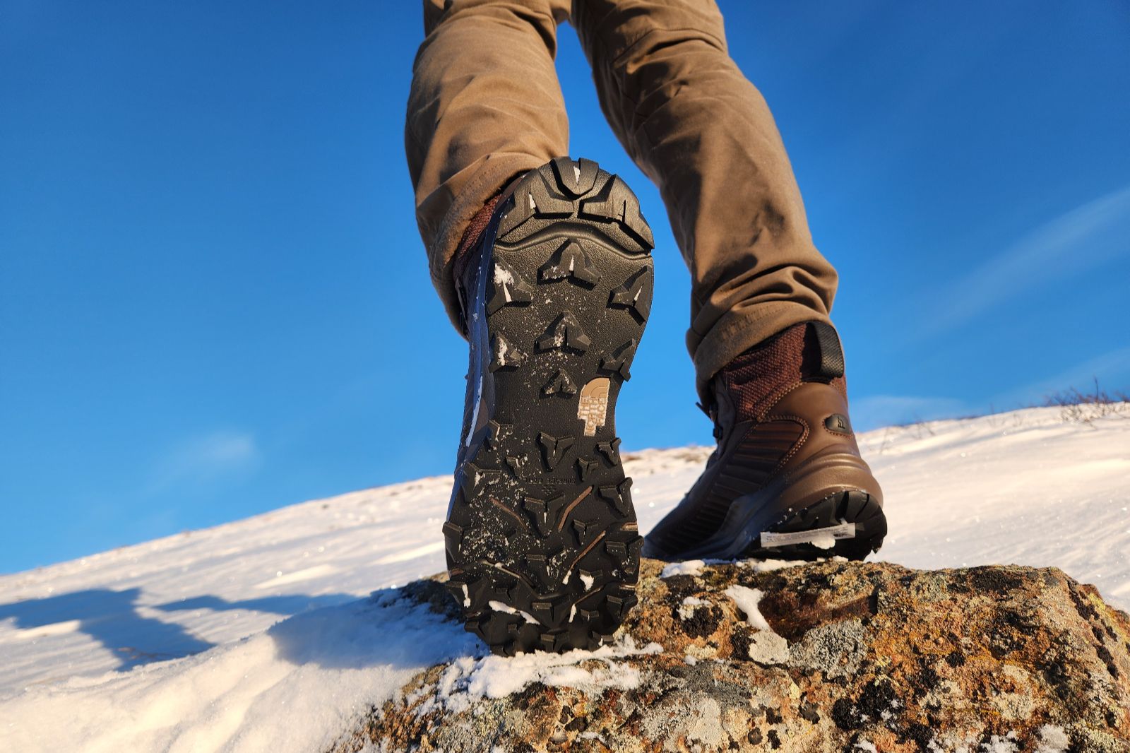 A closeup of the tread on winter boots.