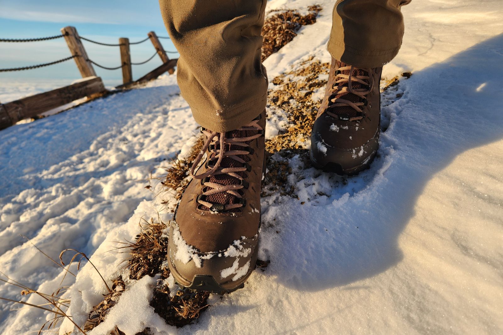 A closeup of the lacing system on winter boots.