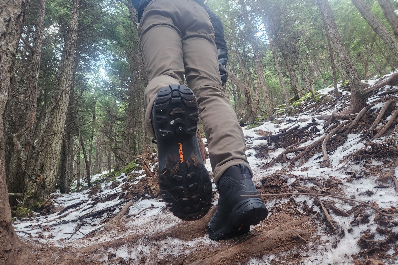A closeup of the sole of winter hiking boots.