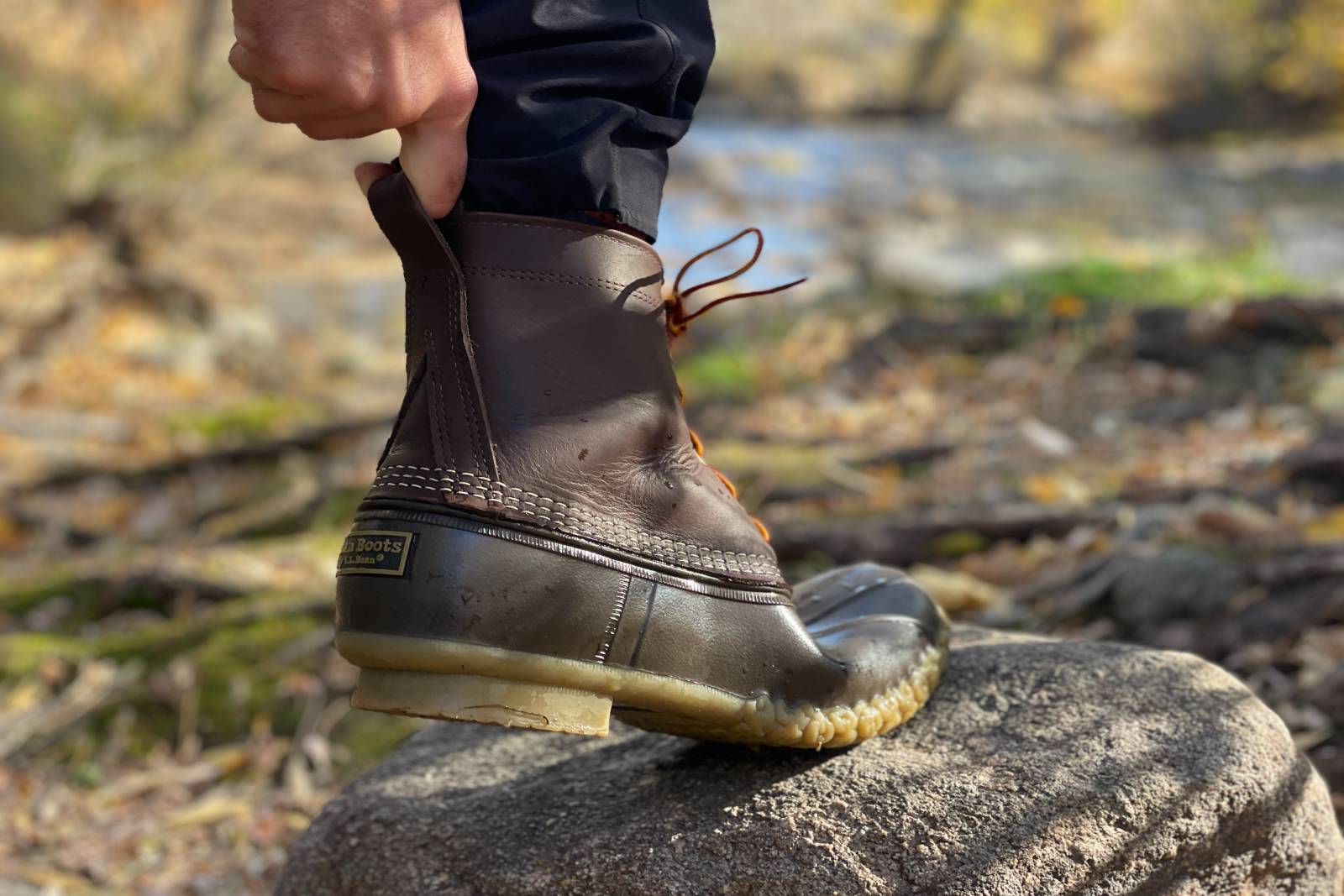 The LL Bean 8" Bean Boots sport a pull tab mechanism near the heel.