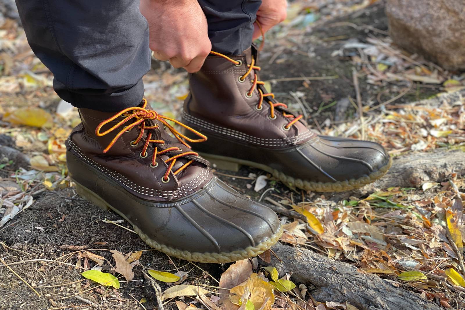 Tying laces for an adjusted fit on trail with the LL Bean 8" Bean Boots