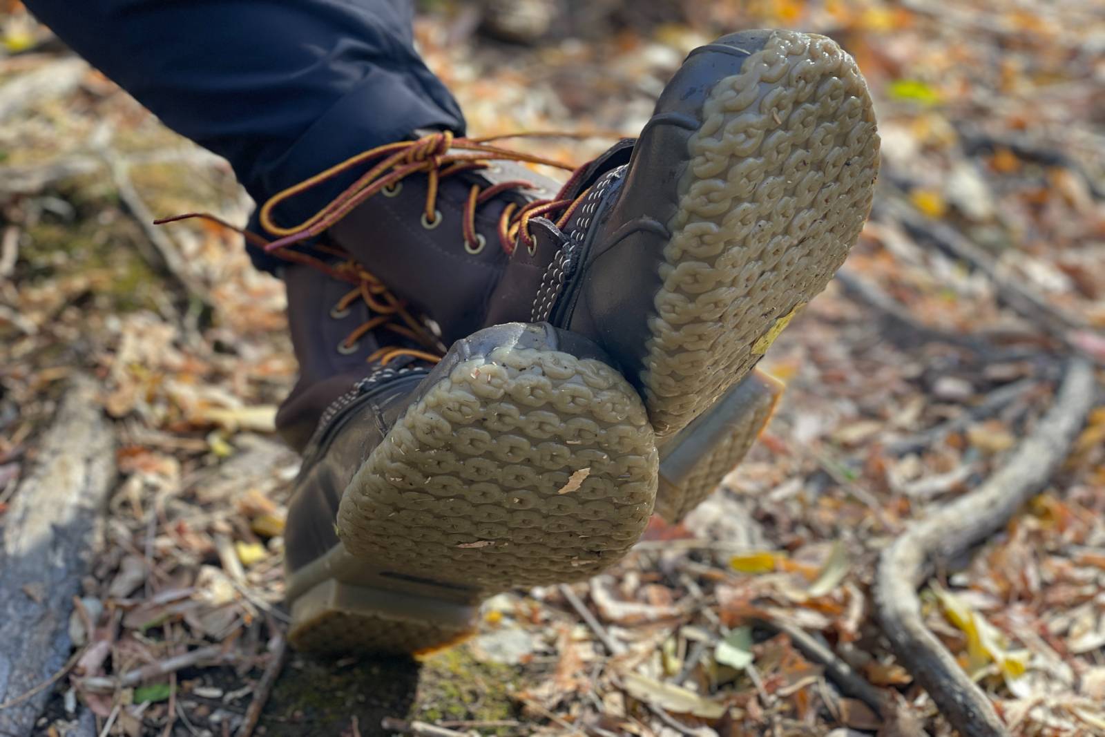 Demonstrating the grippy tread in a relaxed position on the LL Bean 8" Bean Boots
