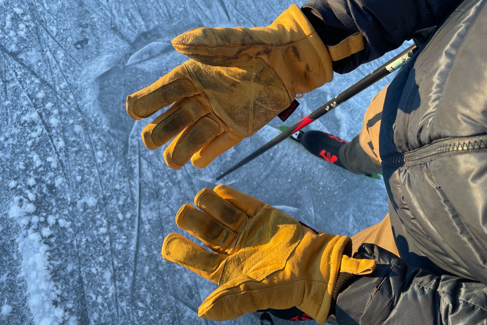 A closeup of the palms of winter gloves.