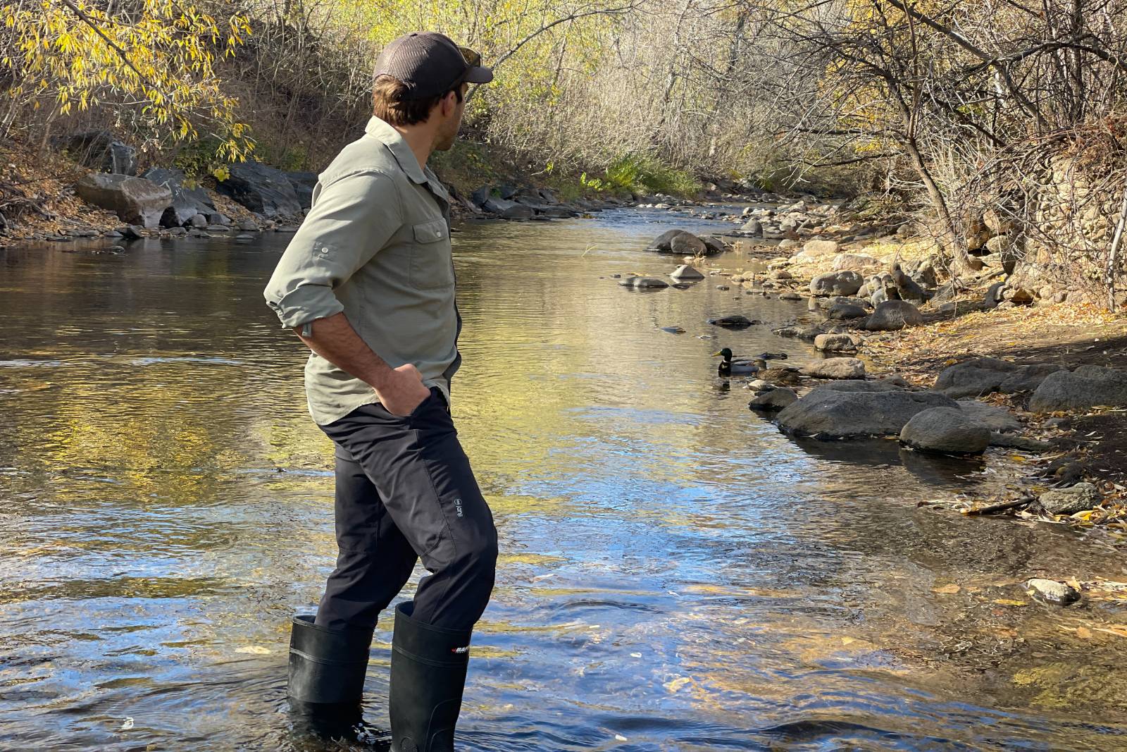 Looking at some ducks while standing in a stream with the Baffin Enduro Boots.