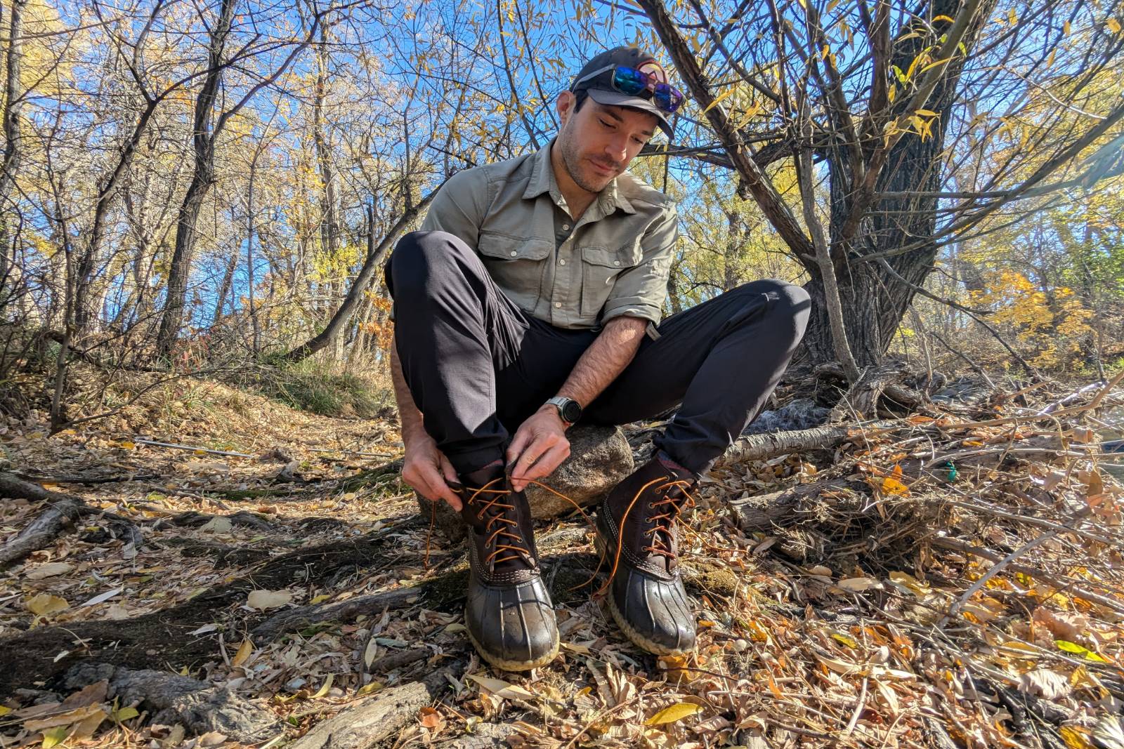 Re-lacing the LL Bean 8" Bean Boots in a fall colored forest.