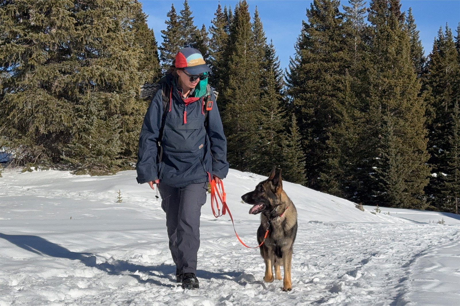 A person wearing the Toundra boots is wearing a backpack and walking a German Shepherd Dog on a snowy trail in the woods.