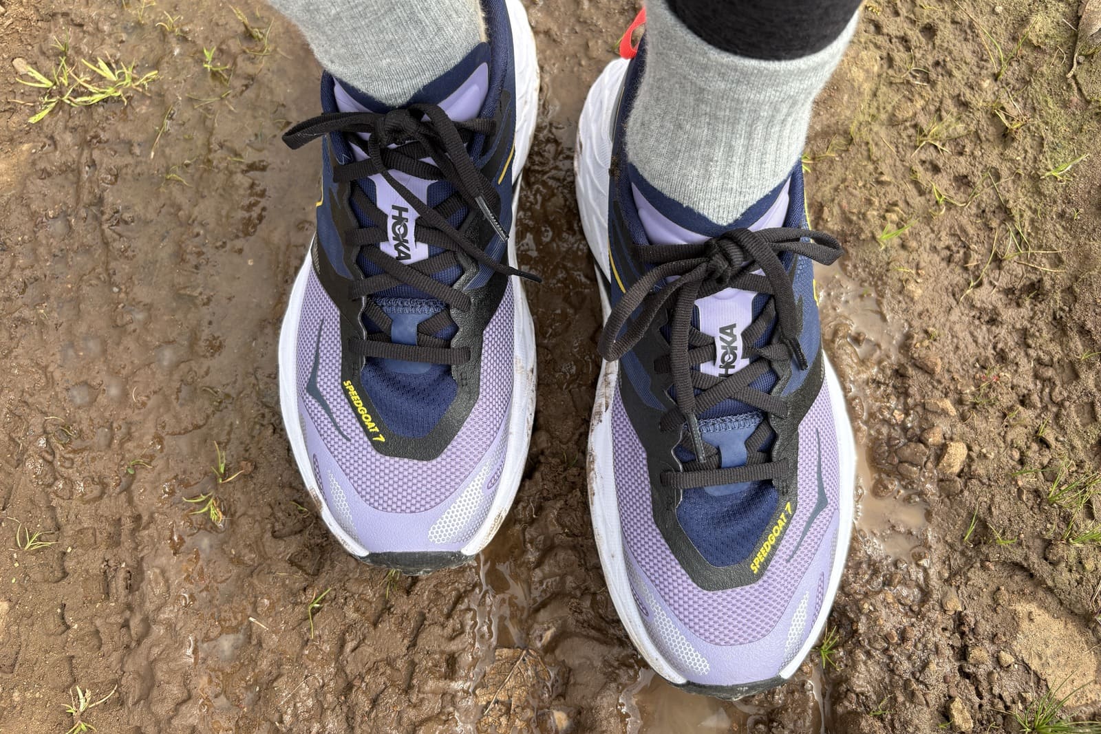 Closeup view of the Hoka Speedgoat’s upper.