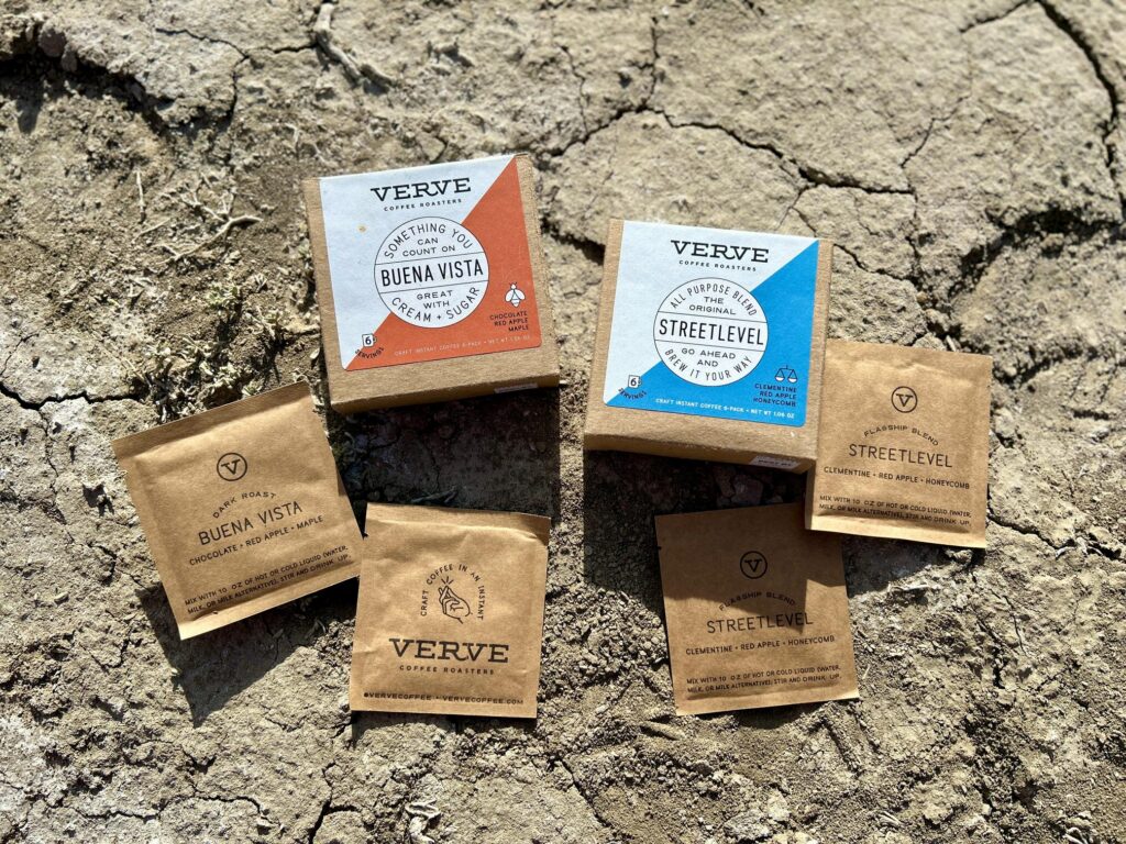 Up-close image of packets and packaging of Verve instant coffee