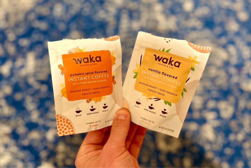 Up-close image of two packets of Waka flavored coffee packets.