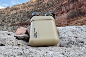 Close up of the Nestout sitting on a rock with a red rock canyon in the background.