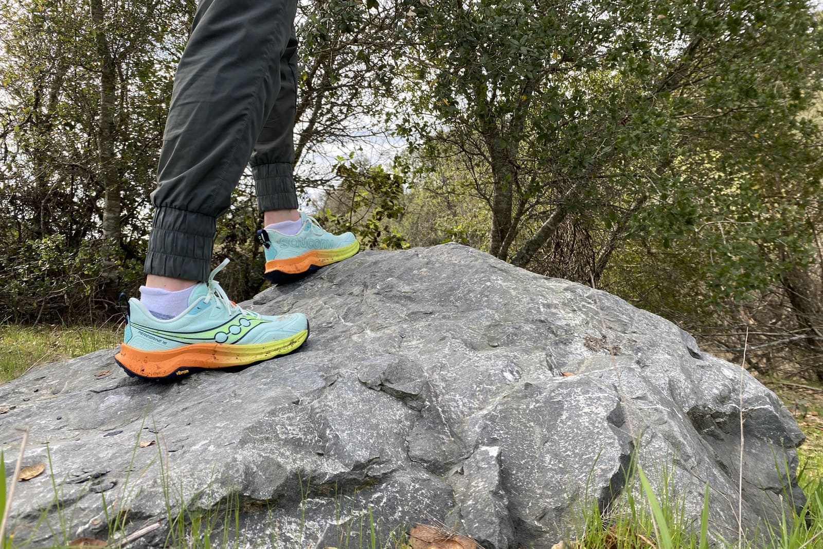 Closeup of shoes standing on a boulder.