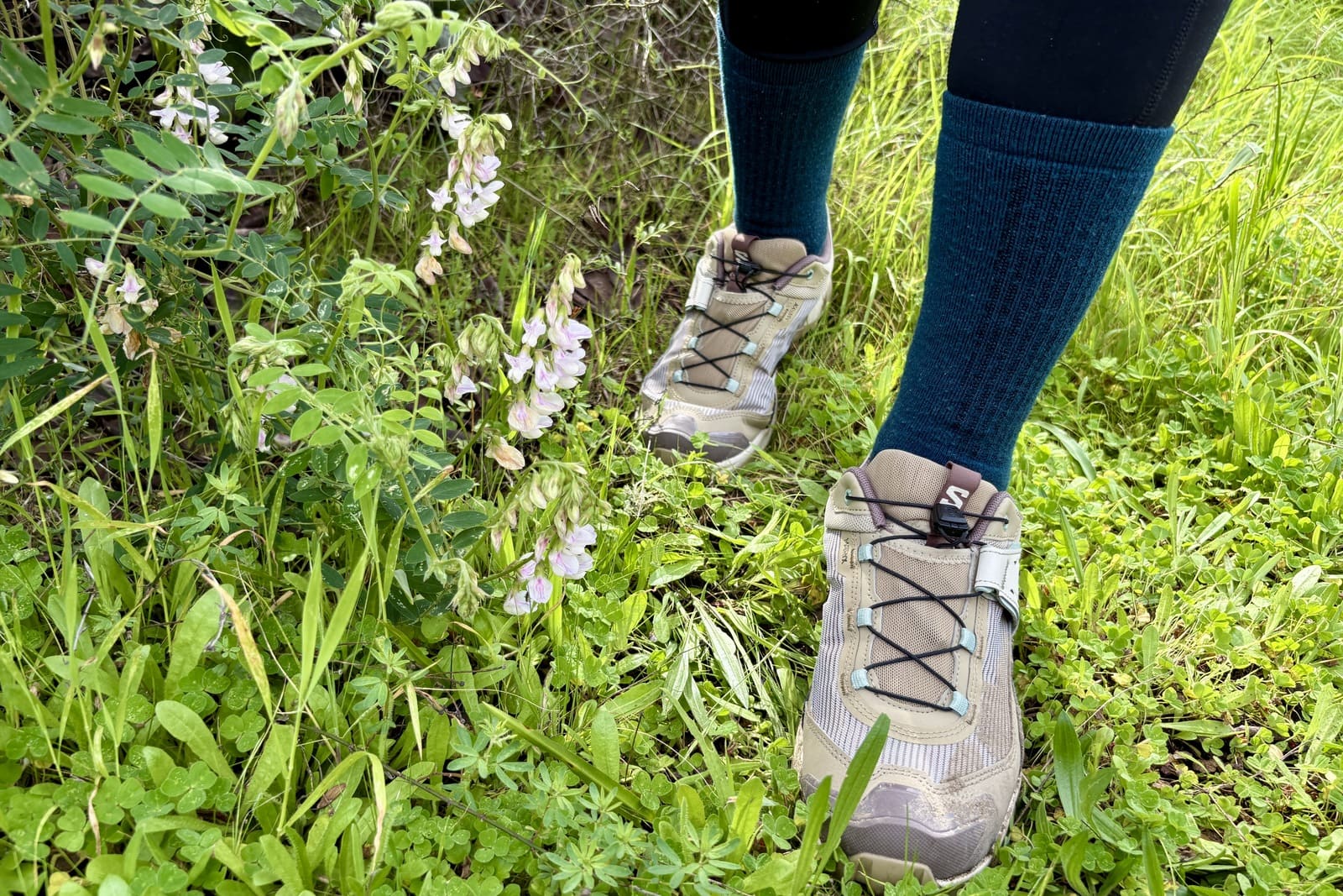 A woman hikes through a grassy meadow.