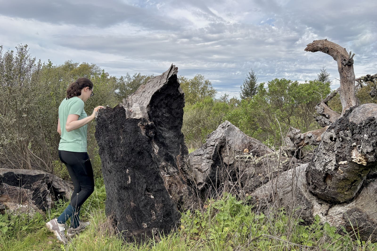 A woman hikes along a trail in her Salomons.