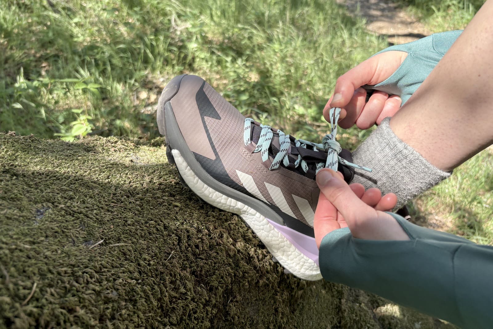Clos up showing the laces on a pair of hiking shoes.