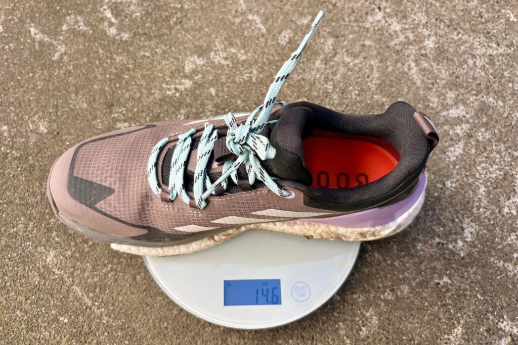 Showing the weight of a shoe sitting on a scale.