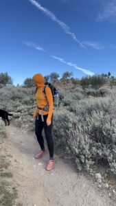 A woman and a dog hiking on a trail, pausing to look at the view